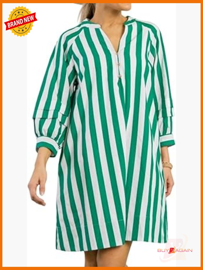 Striped V-Neck Mini Dress With 3/4 Lantern Sleeves Cotton Shift
